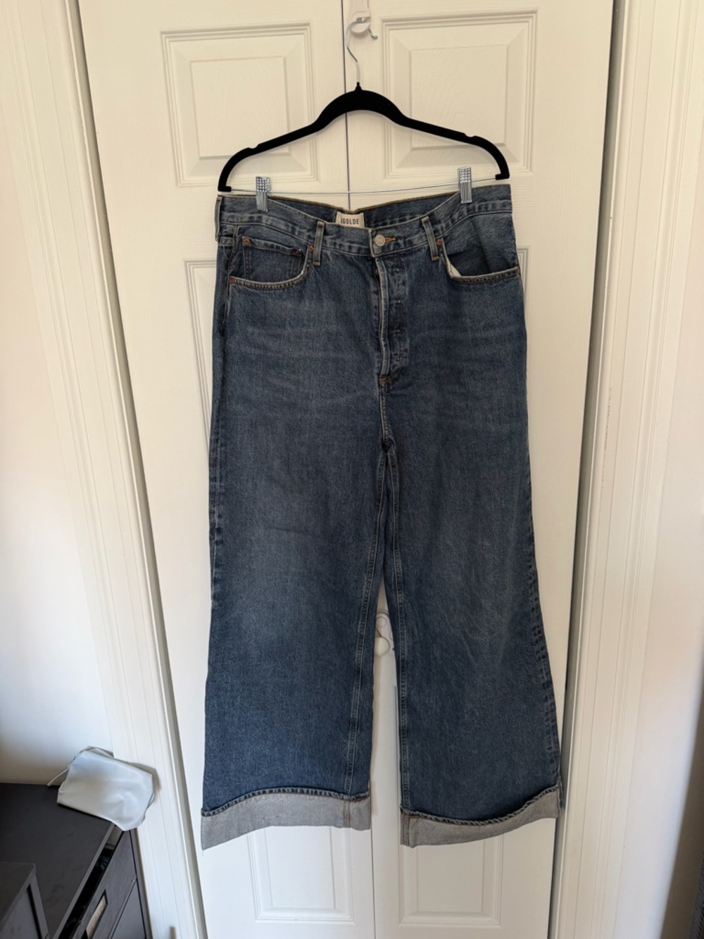 Agolde Dame Wide Leg cuffed jeans in Washed Blue Denim